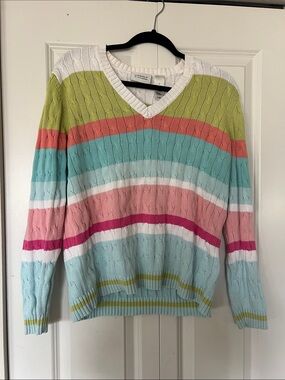 Liz Golf Striped V-Neck Cable Knit Sweater in Pastel Multi